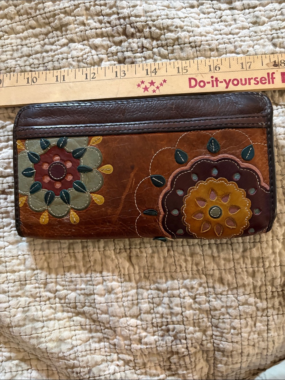 Fossil Brown Leather Wallet with Colorful Floral Appliqué